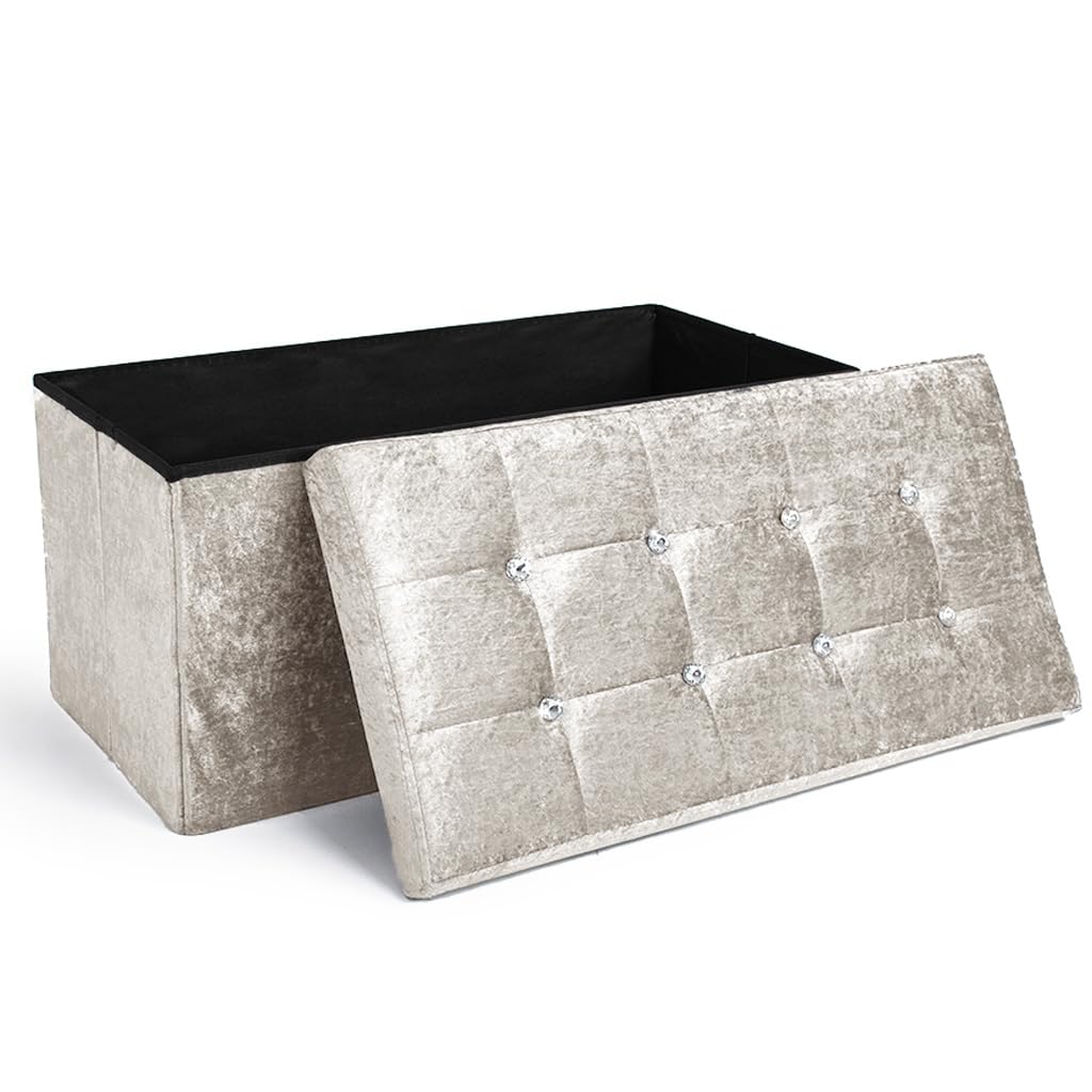 Home Republic Crushed Velvet Ottoman Storage Box – Foldable Cube Ottoman with Lid – Multipurpose Toy Chest, Foot Rest, Bench Seat & Nursery Storage Solution (Cream, 76W)