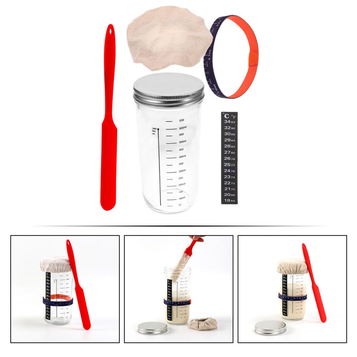 Healeved Set di Barattoli per Lievito Naturale con Coperchio in Vetro con Cucchiaio in Silicone e Temperatura, Vaso per Fermentazione Sourdough con Graduazione e Coperchio