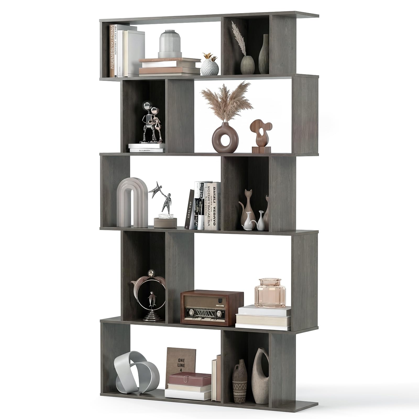 SFAREST 5/6 Tier Bookcase, S-Shaped Bookshelf(Grey Oak,90 x 22 x 158cm)