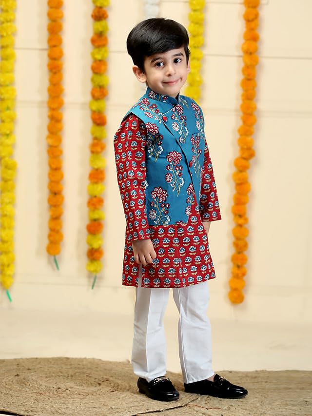 Image of The Mom Store Boys Printed Cotton Kurta Pajama Set With Jacket | Soft And Comfortable Ethnic Wear For Baby /Kids Boys | Full Sleeves Kurta Pyjama Set | Traditional Indian Outfit