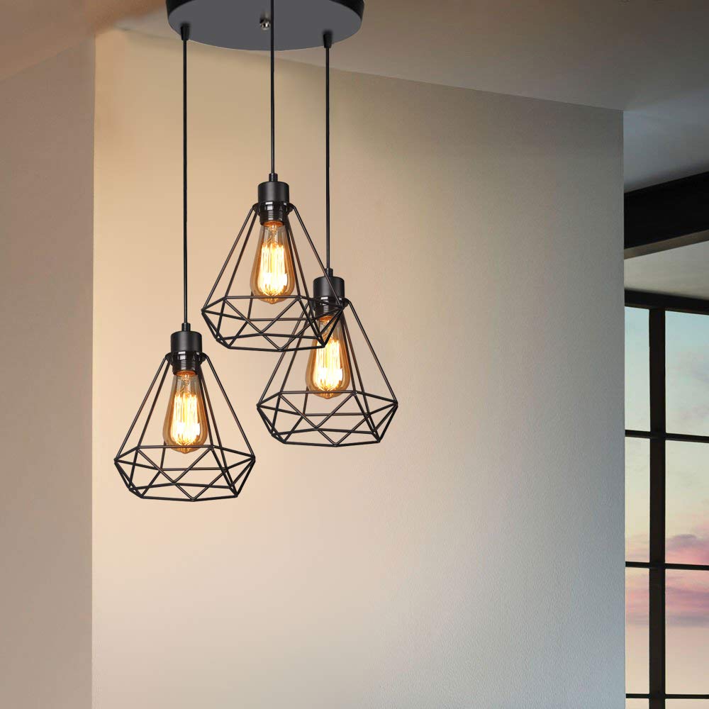 Vintage Industrial Retro Suspended 3 Head Ceiling Pendant Light Diaond Cage Lapshade Light 3