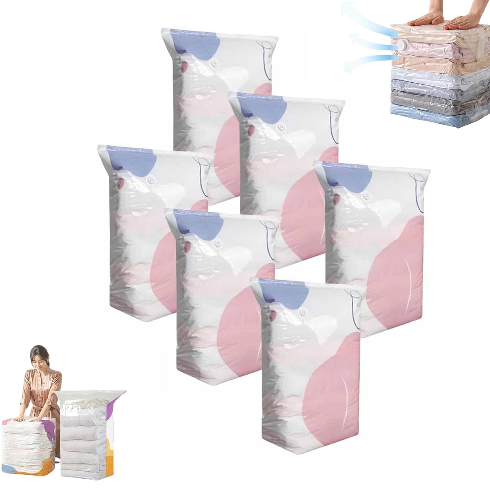 No‑Pump Vacuum Storage Bags, Press & Seal Large Cube Vacuum Seal Bags,Space Saving Self Compression Organizer For Clothes,Comforters，Blankets,Bedding(L*6)