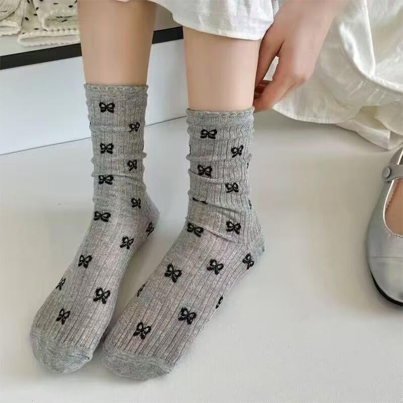 2 Pairs Women's Retro Ruffled Edge Bowknot Mid-Calf Socks, Gray With Black Polka Bows, Breathable Lace Detail, For Casual Or Dressy Outfits