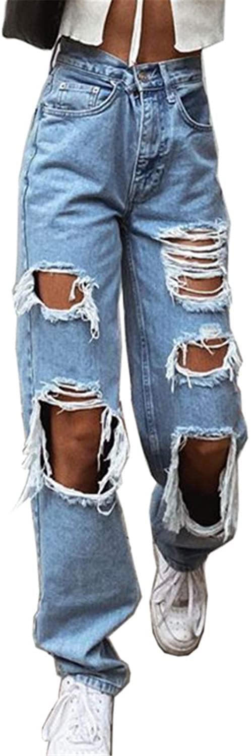 Jeanshose Damen High Waist Jeans Gerade Hose Löchern Baggy Boyfriend Jeans Teenager Mädchen Lässig Denim Hosen Weich Pants Freizeithose