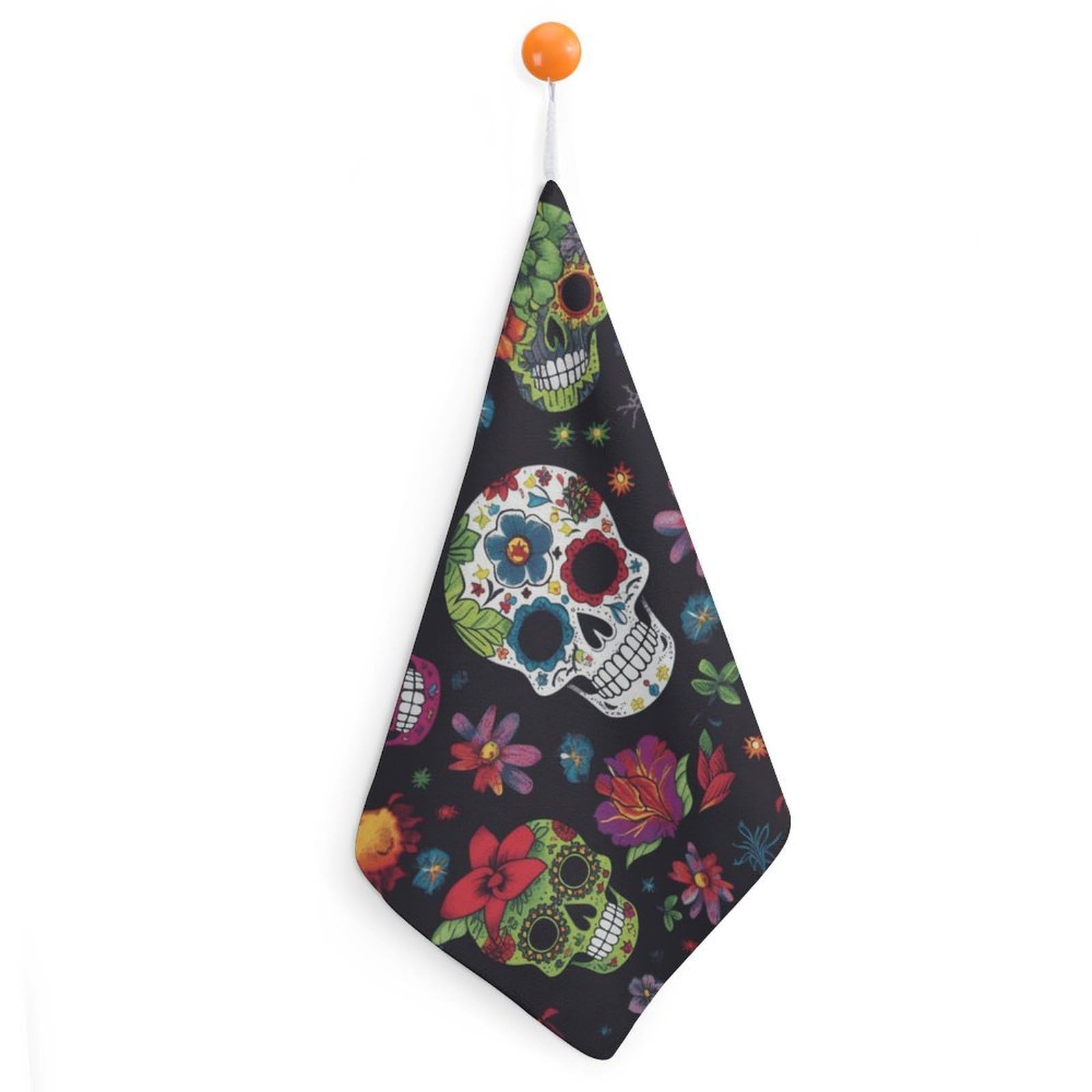 VstaDank Flower Cactus Sugar Skull Washcloth with Hanging Loop Quick Dry Microfiber Hand Towel Highly Absorbent Wash Cloth Reusable Makeup Remover Cloth Soft Feel Fingertip Towel for Bathroom