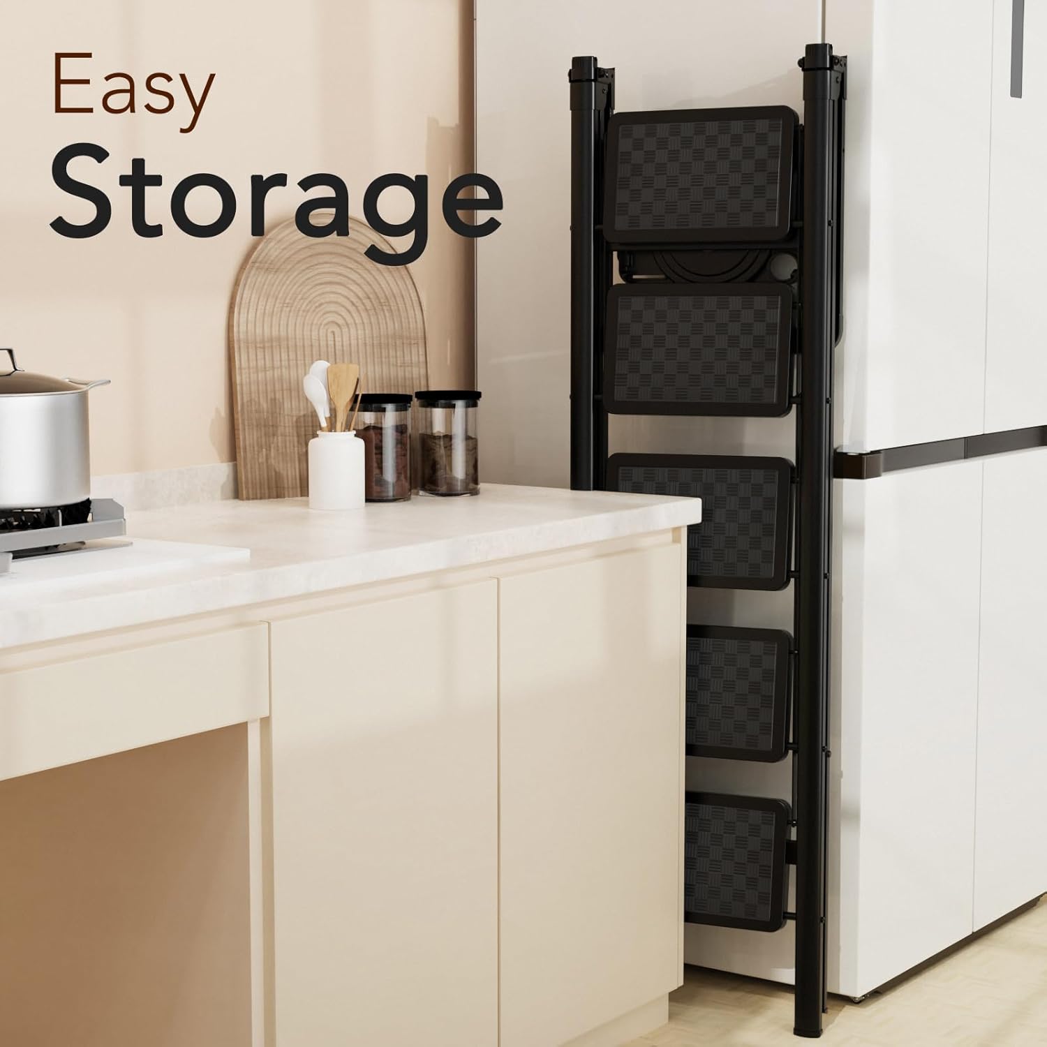 HBTower Step Ladder, 5 Step Ladder Folding Step Stool with Tool Platform,600 lbs Portable Sturdy Steel Ladder for Adults Home Outdoor Kitchen Garage,Black - Image 7