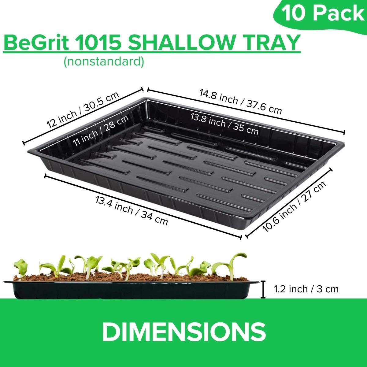 BeGrit Microgreen Lot de 10 plateaux de semis peu profonds pour germination non standard 1015 Plateau sans trous