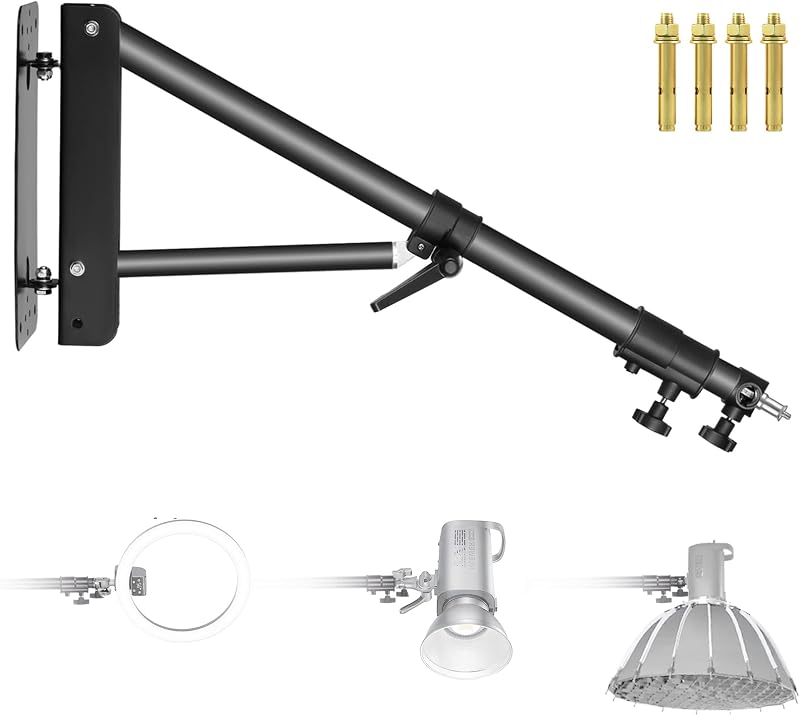 NEEWER Brazo de Soporte Triangular de Montaje en Pared para Luz de Fotografía, Estroboscópico | Para monoluz, softbox, paraguas, reflector, anillo de luz, admite rotación de 180 grados, longitud máxima 4 pies/125 cm, negro