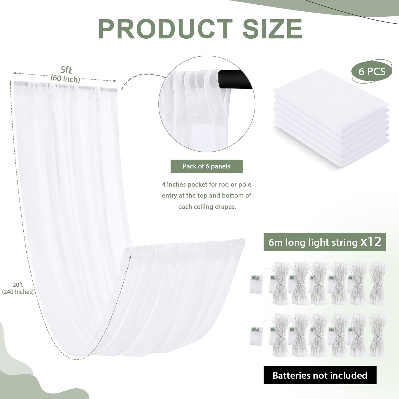 Deckenvorhänge für Hochzeit: 6 Paneele, 6 m lang, durchscheinender Stoff zum Drapieren, weißer Chiffon-Stoff, Brautparty-Dekorationen