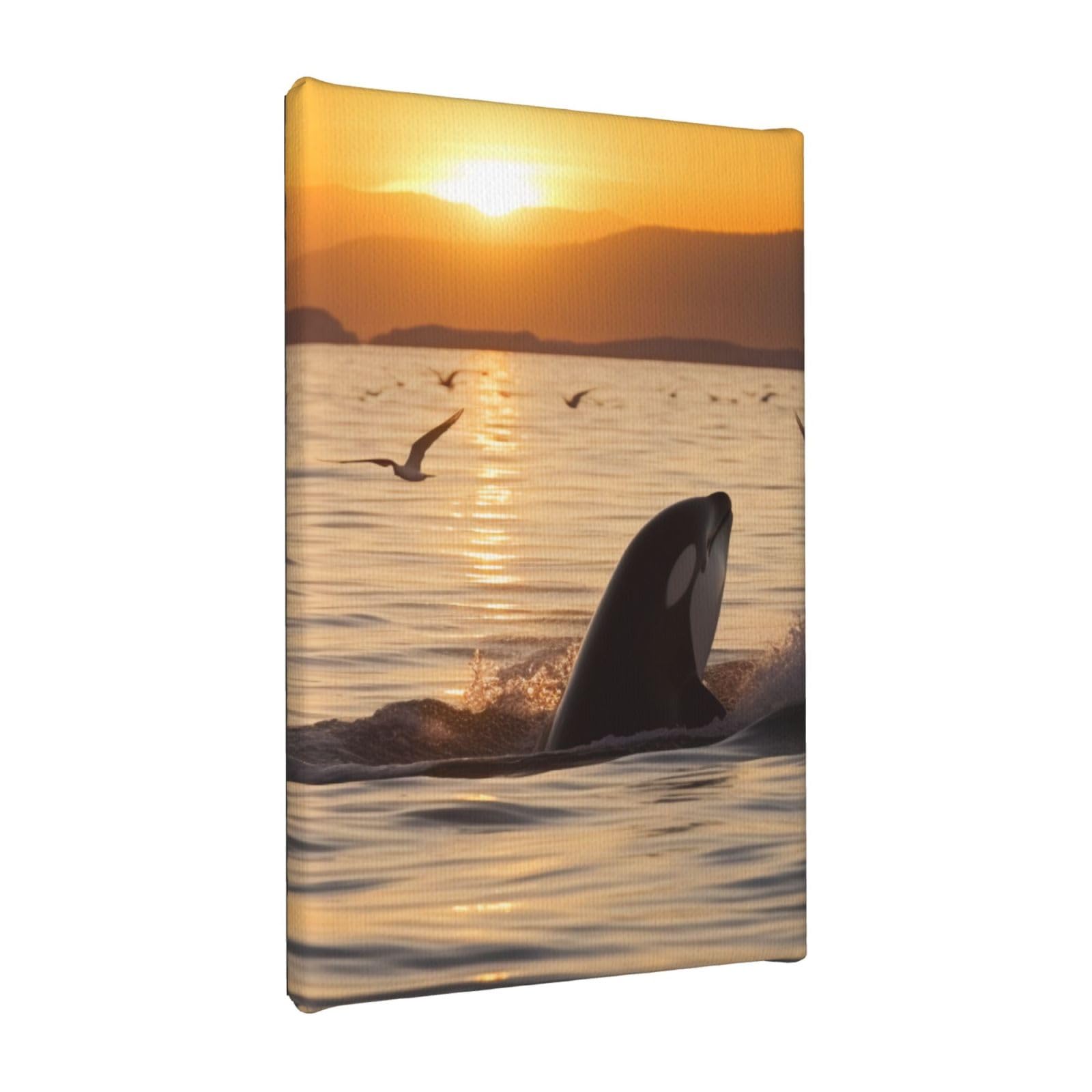 YKLJG Killer Whale Under Sunset Printed Wall Art Canvas Painting 20x30 CM Wooden Framed Picture Painting Artwork Prints for Bedroom Kitchen Home Office Decor