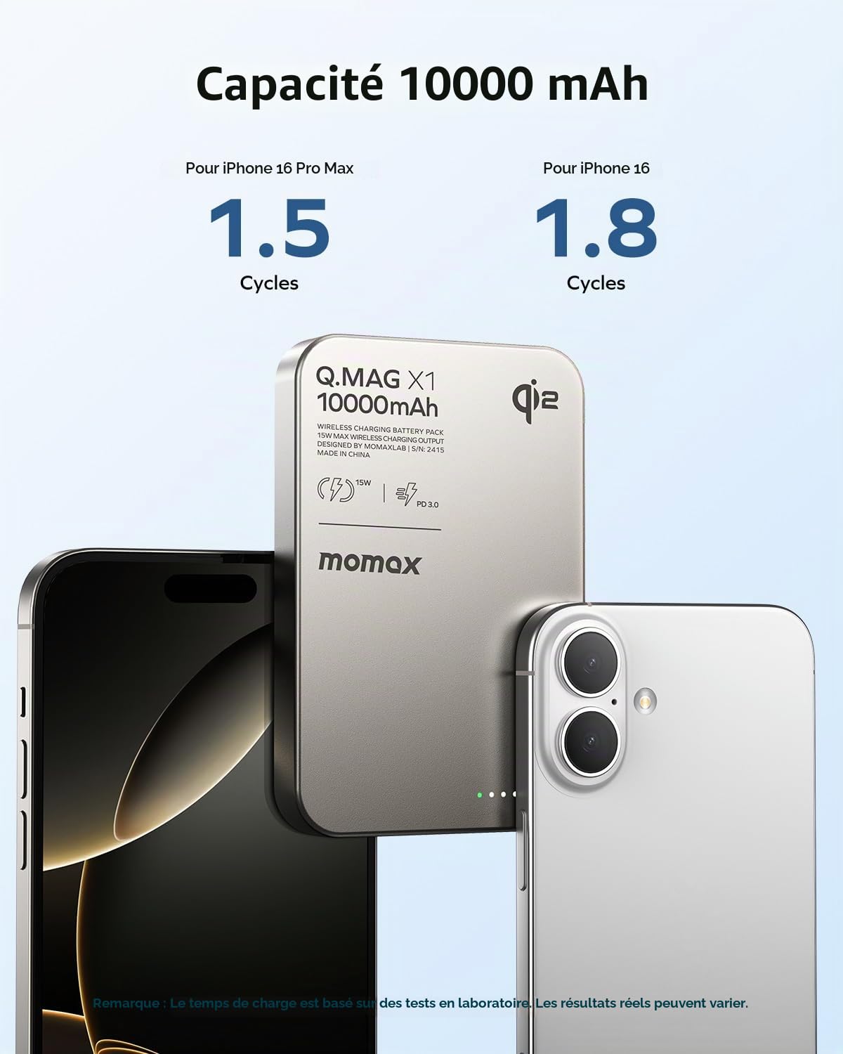 MOMAX Qi2 Powerbank Magnétique, 10000mAh Charge Rapide Ultra-Fin Chargeur Externe magnétique, 15W Charge sans Fil pour iPhone MagSafe & Android, Portable Léger, Titane