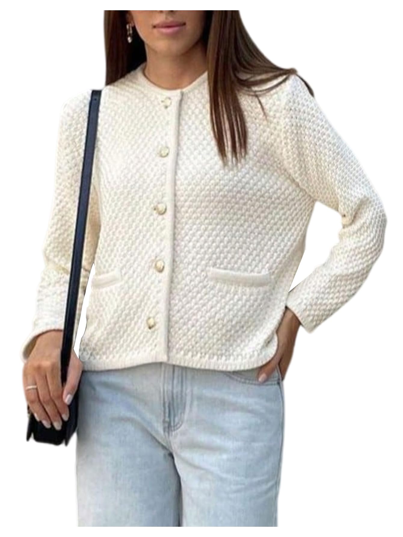 SHENHE Womens Crewneck Gold Button Up Cardigan Long Sleeve Dressy Fall Cardigan Sweater