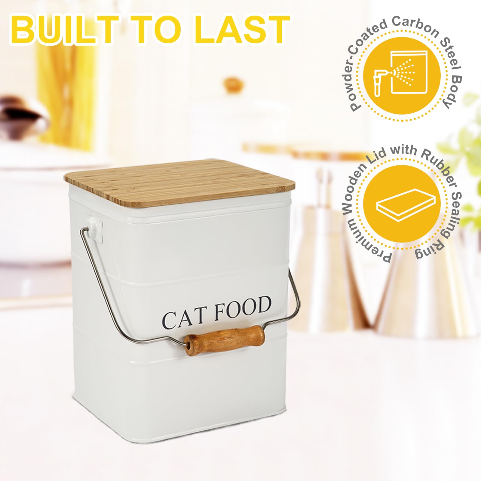 Geyecete Métal Conteneur Croquette Chats-6L Boîtes pour Nourriture et friandises Animaux-Hermétiques Bois Couvercles-Acier Carbone revêtu -Bac Croquette Chat avec Poignée-Blanc
