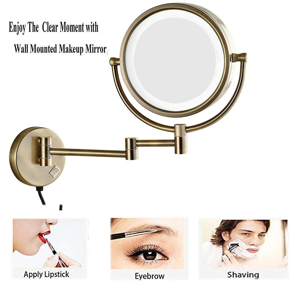 Specchio per Trucco a Parete con ingrandimento 3X, Specchio cosmetico ingranditore con luci a LED, Collo di Cigno Flessibile e aspirazione di bloccaggio, Bracci