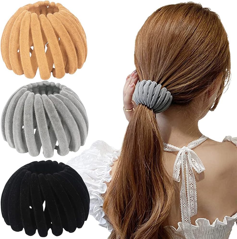 Birds Nest Hair Clip, Aerbee 3Pcs Retractable Hair Claw Clamps Bun Maker Clips Pony Tail Accessory, Velvet Expandable Ponytail Holder Hairpin Buckles Hair Bun Accessories for Women Girls