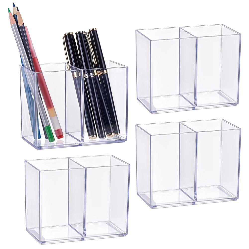 OLYCRAFT 4 Pack Clear Acrylic Pen Holder Makeup Brush Holder Pencil Storage Organizer Acrylic Desktop Stationery Organizer with 2 Compartments for Office Desk Bathroom Pencil Makeup Brush Organize