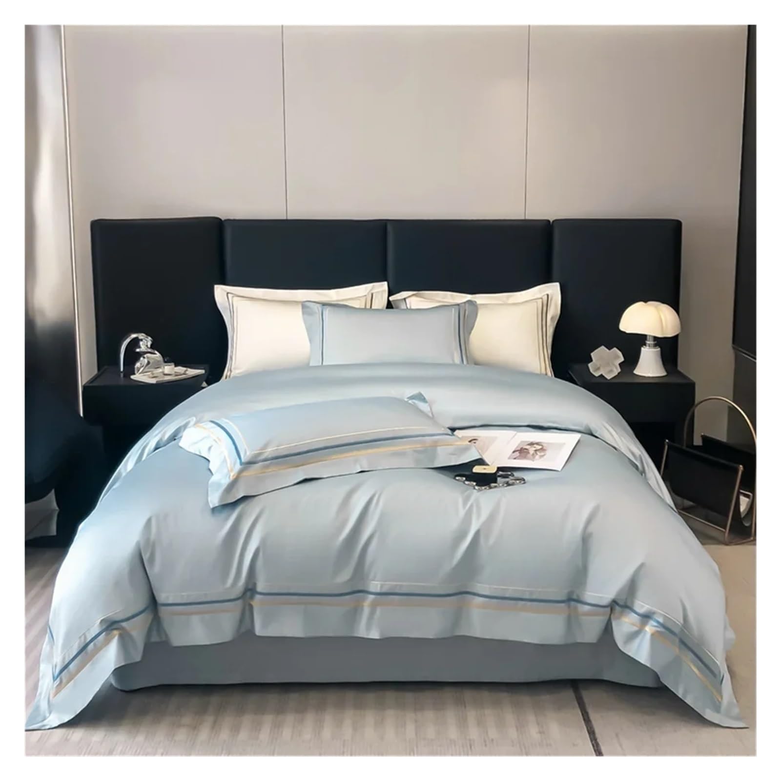 ZXGRfdefa Bedding Set, 100% Egyptian Cotton Bedding Cover Sets,Lines European Embroidery 600TC Duvet Set Queen King Size Bedlinens(Blu,King)