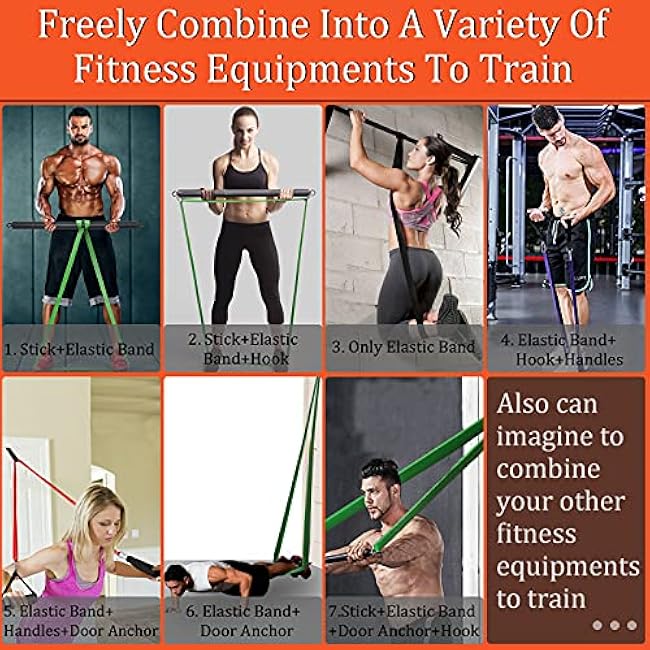 DASKING Resistance Band Bar Set for Home Gym, 500LB Total Resistance with Longer Bar & 4 Stackable Bands, Detachable for Full Body Workouts, Door Anchor, Exercise Guide