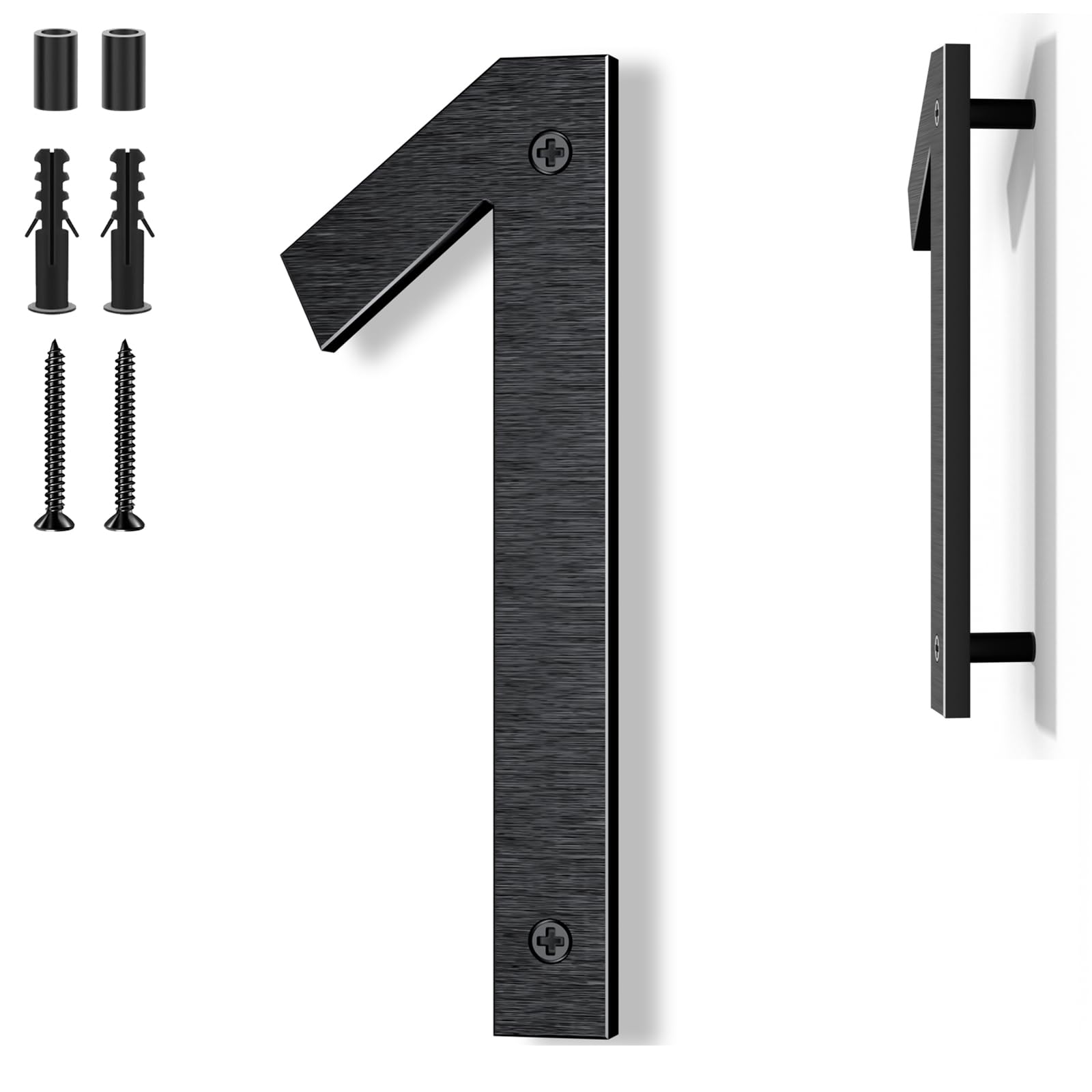 Número de casa exterior negro 20 cm – En aluminio macizo con acabado cepillado, instalación con tornillos y efecto flotante 3D – Para pared, fachada, valla, garaje (1)