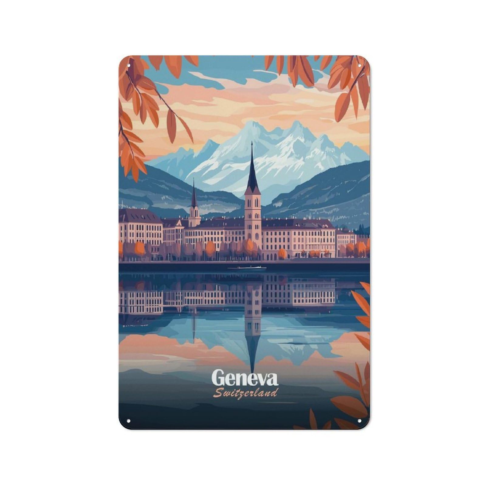 Junmoney Style-2 Geneva, Switzerland Cityscape Retro-Style Printed Metal Sign 30X20cm For Hallway Wall, Winter Wall Decor For Wall Display Collectors
