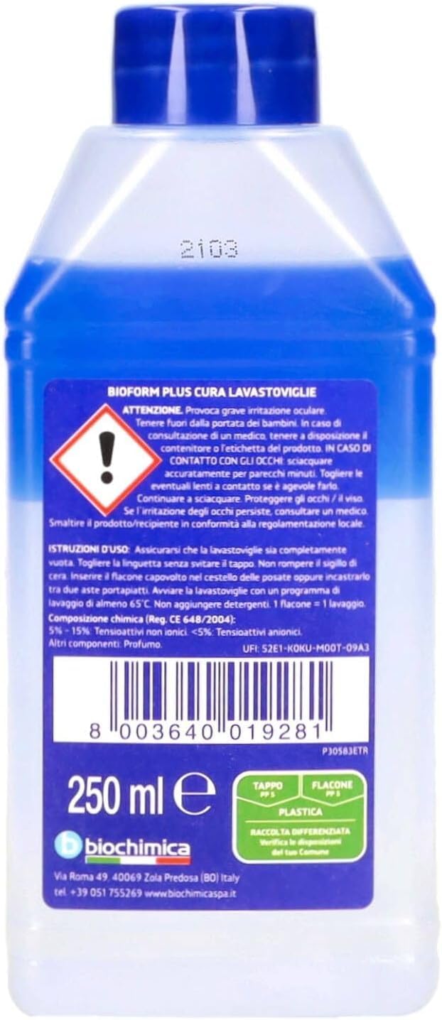 Bioform Plus Cura lavastoviglie - Detergente líquido para lavavajillas (12 unidades, incluso las partes invisibles de todo el lavavajillas, 250 ml, incluye llavero Beni Culinari gratuito)
