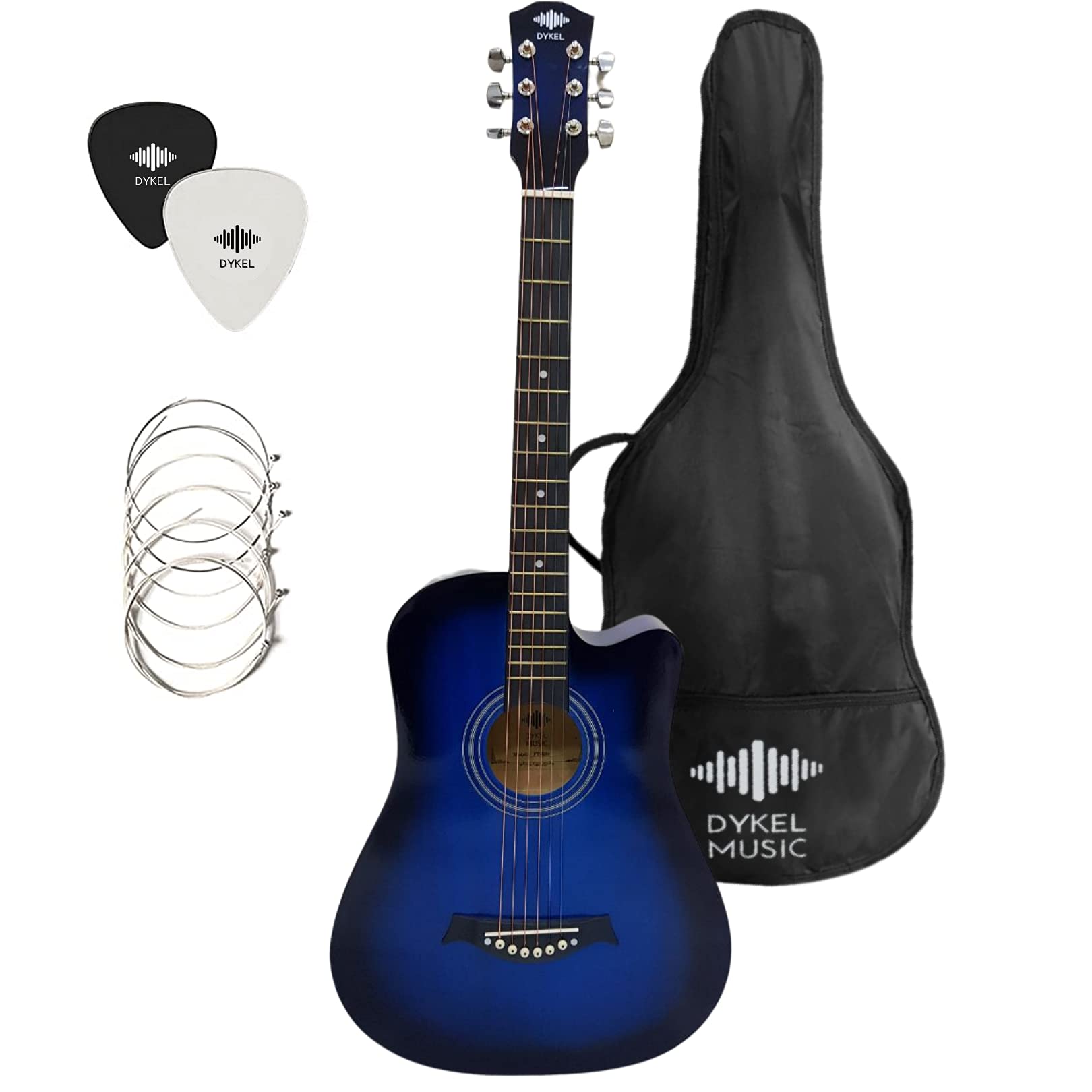 Dykel Music Acoustic Guitar Kit 38in Acoustic Guitar, Guitar Bag, Guitar Flow 0.46mm Pick & 6 Spare Guitar Strings (Blue)