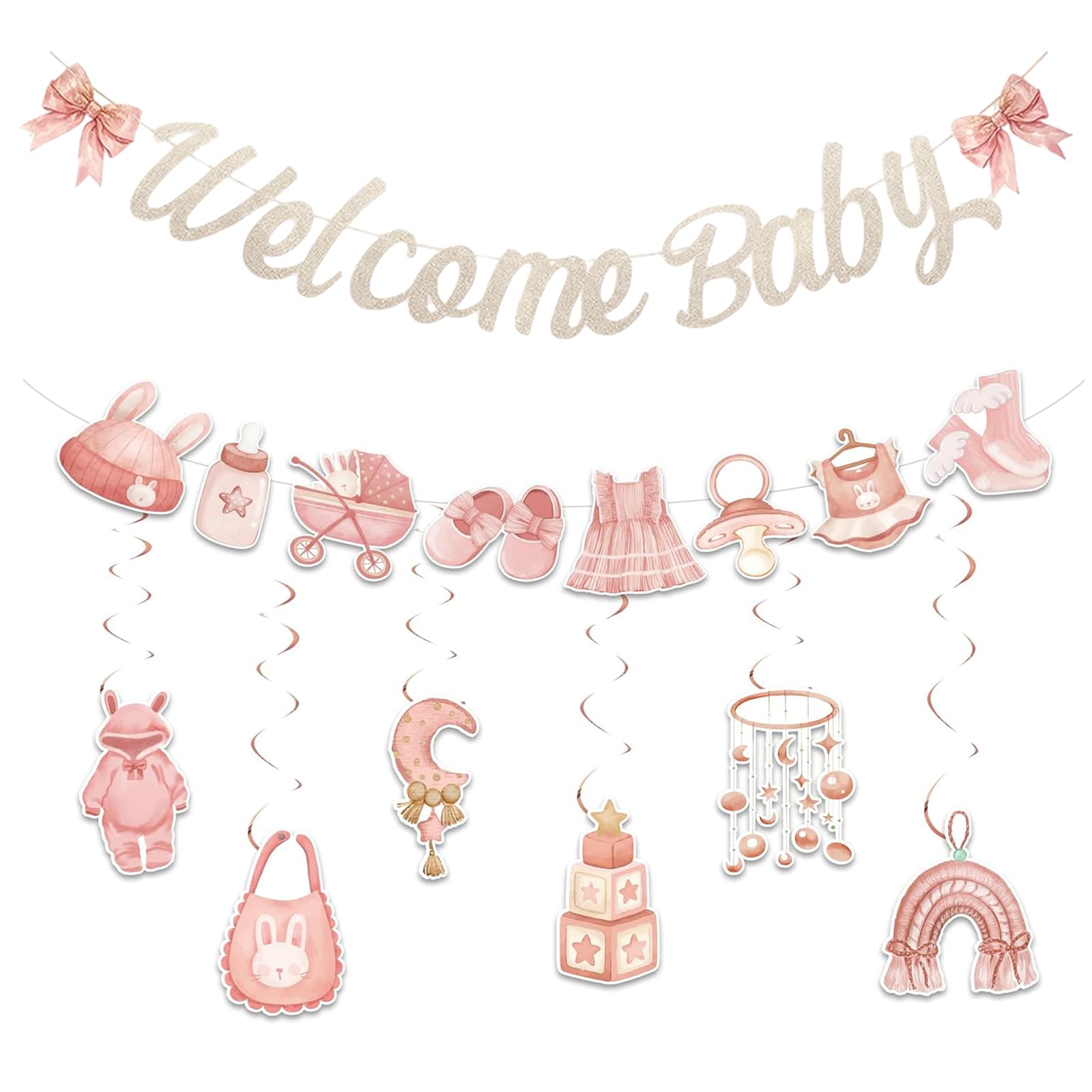 Tazuxetuqe Baby Shower Decorations for Girls, 2-Piece ‘Welcome Baby’ Banner, ‘Baby in Bloom’ Garland, 8-Piece Cute Hanging Garland for a Girl’s Gender Reveal Party