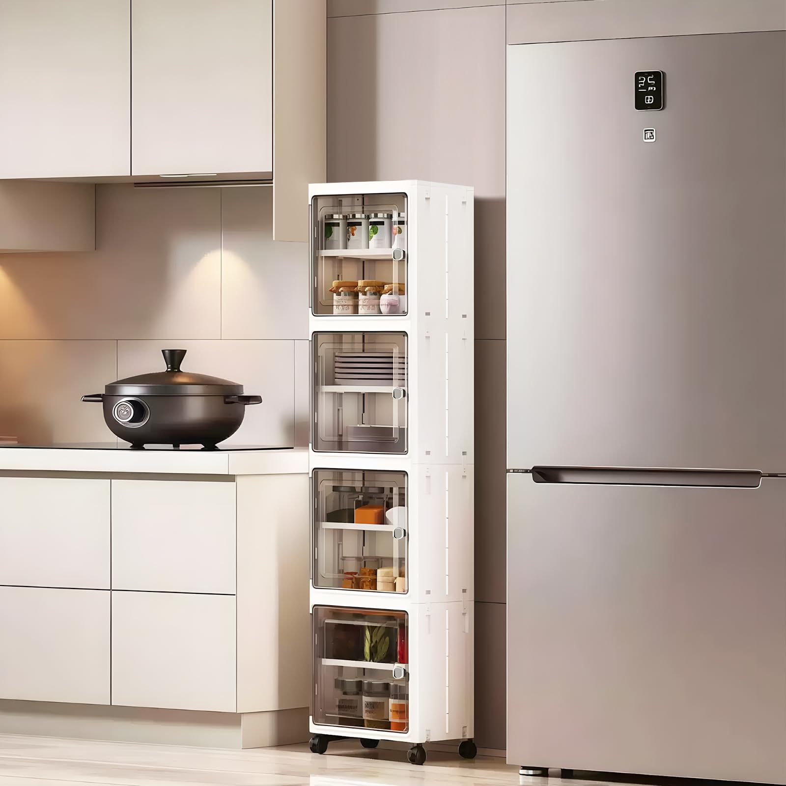 Gap Storage, 10.6 inches (27 cm), Slim Stocker, 4 Tiers, Width 10.6 x Depth 9.8 x Height 50.0 inches (27 x 25 x 127 cm), Storage Cabinet with Casters, Divider Plates, Gap Stocker, Magnetic Door 幅27cm・4段