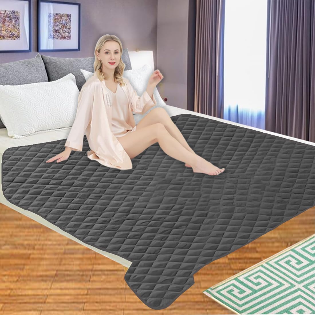 ADBENI HOME Quilted Cotton Waterproof Washable Incontinence Bed Pad, 72x72 Inch Grey, Ecofriendly, Absorbent, Non-Slip Plaid Positioning, Leak Proof & Stain Free, Multi Purpose Utility Sheet