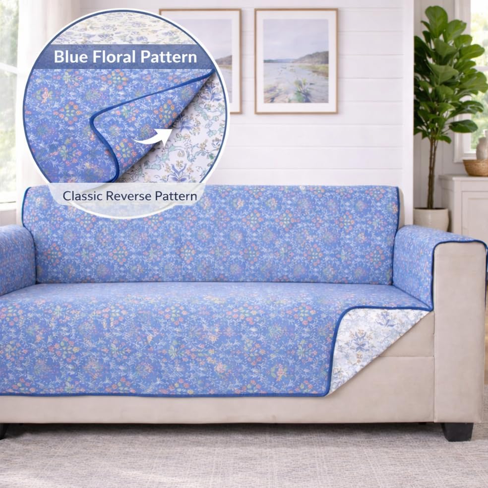 Image of STITCHNEST 'Double Vie Collection Series' Cotton Quilted Reversible Sofa Cover 2 Seater with Arm Rest and Pocket | Size 48x60 Inch