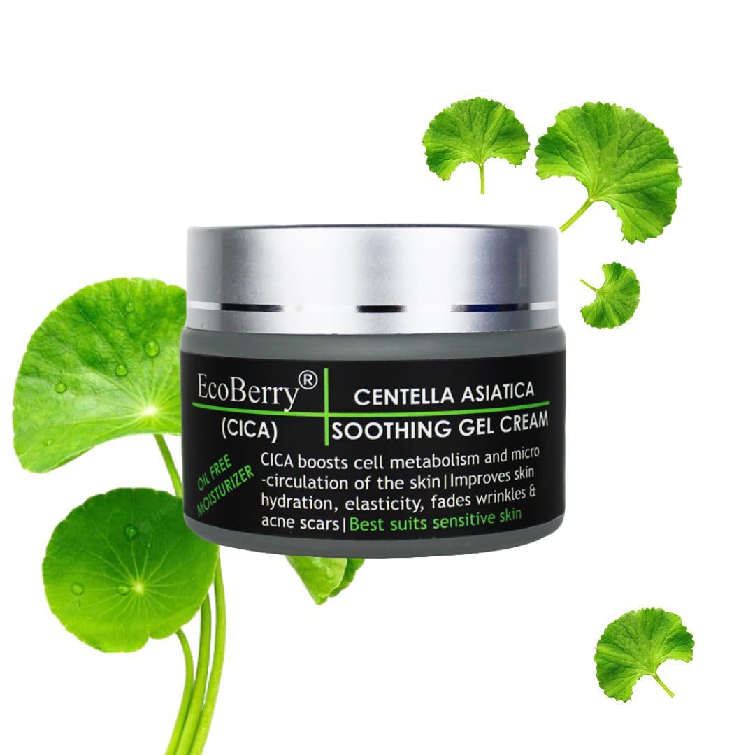 EcoBerry Centella Asiatica (CICA) Soothing Gel Cream | Oil-Free | Organic Moisturizer for Acne-Prone & Sensitive Skin | Non-Comedogenic | Hydrating Gel | Natural | Vegan | Chemical Free | 50g