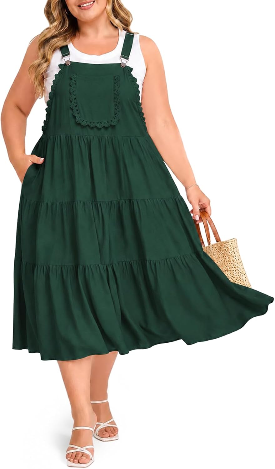 Moon Wood Plus Size Overall Dress for Women Casual Bib Jumper Dress Summer Maxi Dress with Pockets Adjustable Straps
