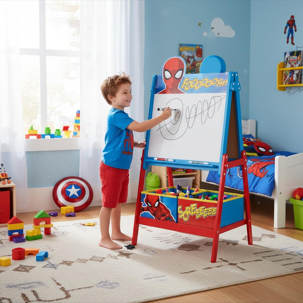 ARDITEX - Pizarra infantil de Marvel Spiderman con doble superficie para uso de tiza y rotulador y 2 contenedores textiles para almacenaje - 54x45x117cm - Contenedores de 24x30x15cm - Rojo y azul