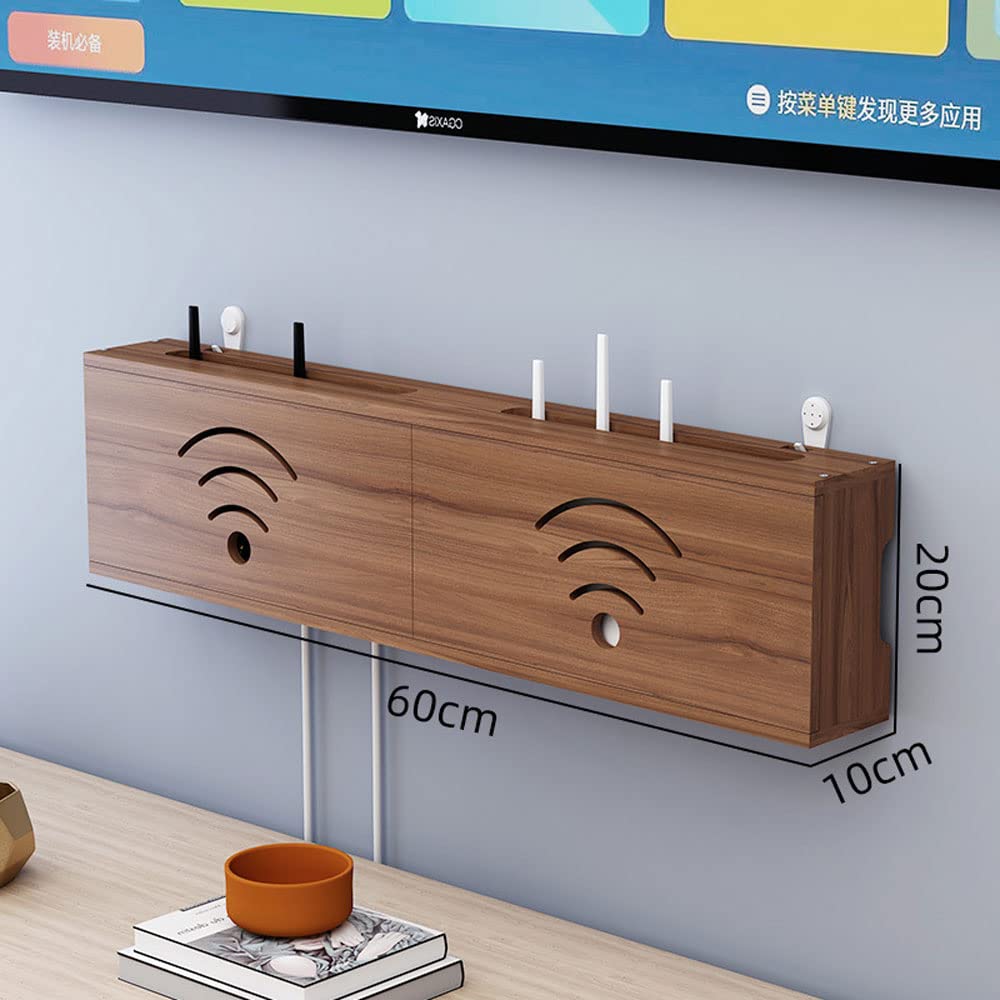 XINBALOVE WiFi Router Aufbewahrungsbox Router Verstecken Wandregal Massivholz Netzteil Licht Cat Plug Row Hub Board Finishing Aufbewahrungsbox- Walnut||60cm