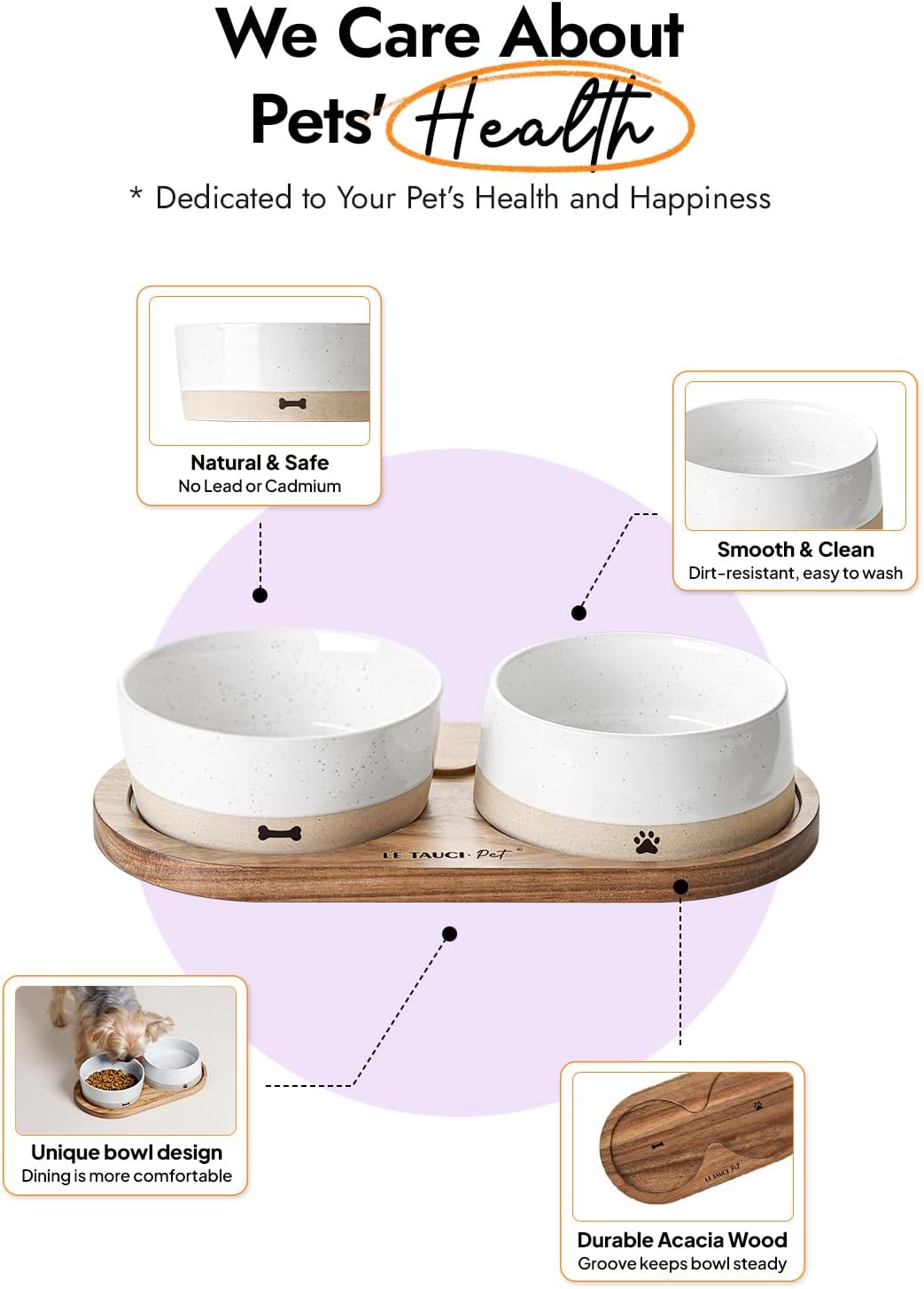 LE TAUCI PET Dog and Cat Bowl Set with Acacia Wood Tray - 2 Cup Ceramic Puppy Bowls for Cats &Small Dogs, Dual Food and Water Bowls with Weighted Non-Slip Base