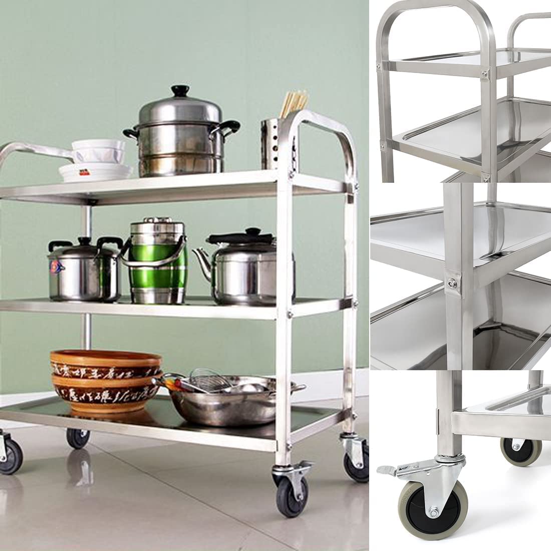 3Tier Stainless Steel Utility Cart with Wheels Kitchen Trolley Cart