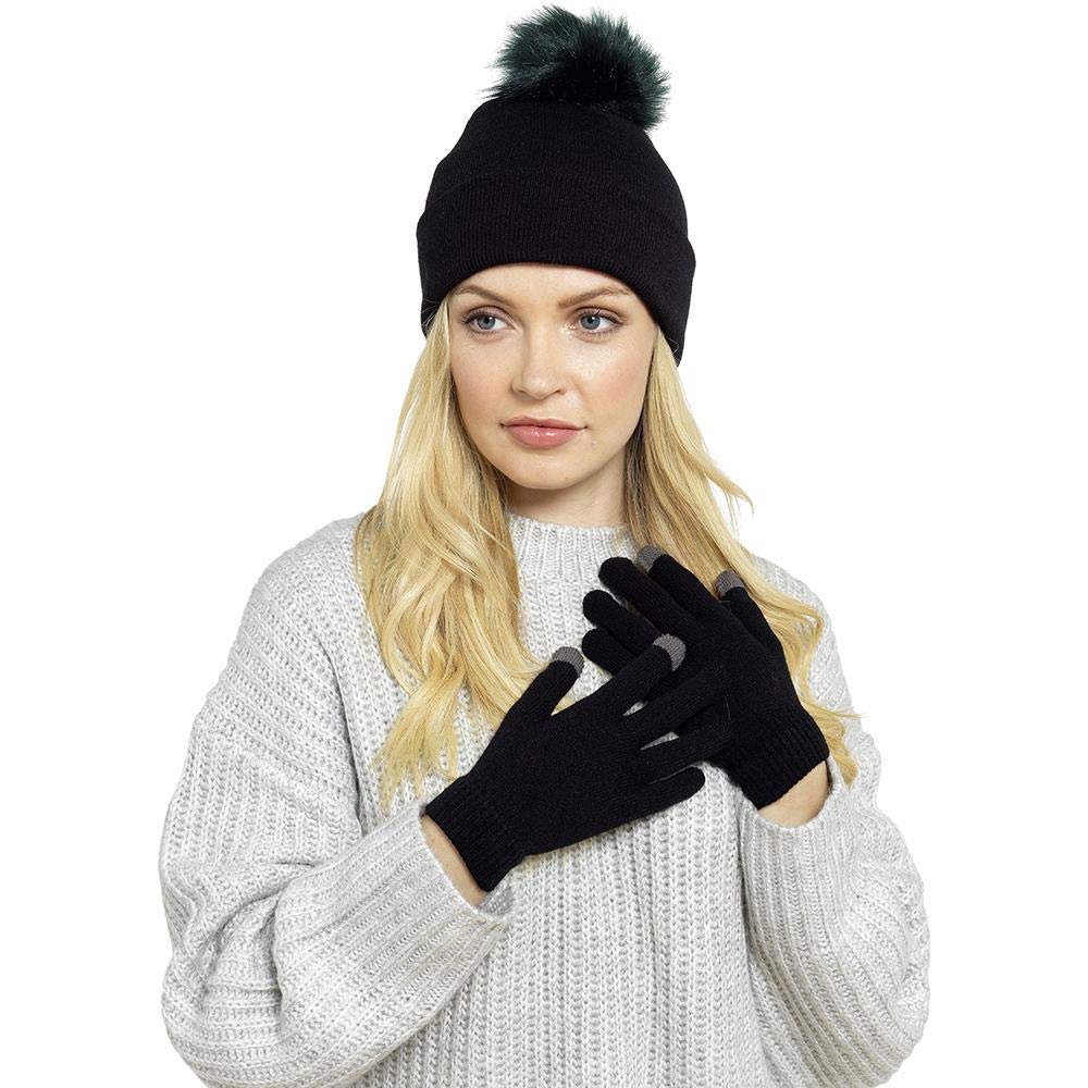 Foxbury Ladies Bobble Hat & Touch Screen Gloves Set GL550 Black