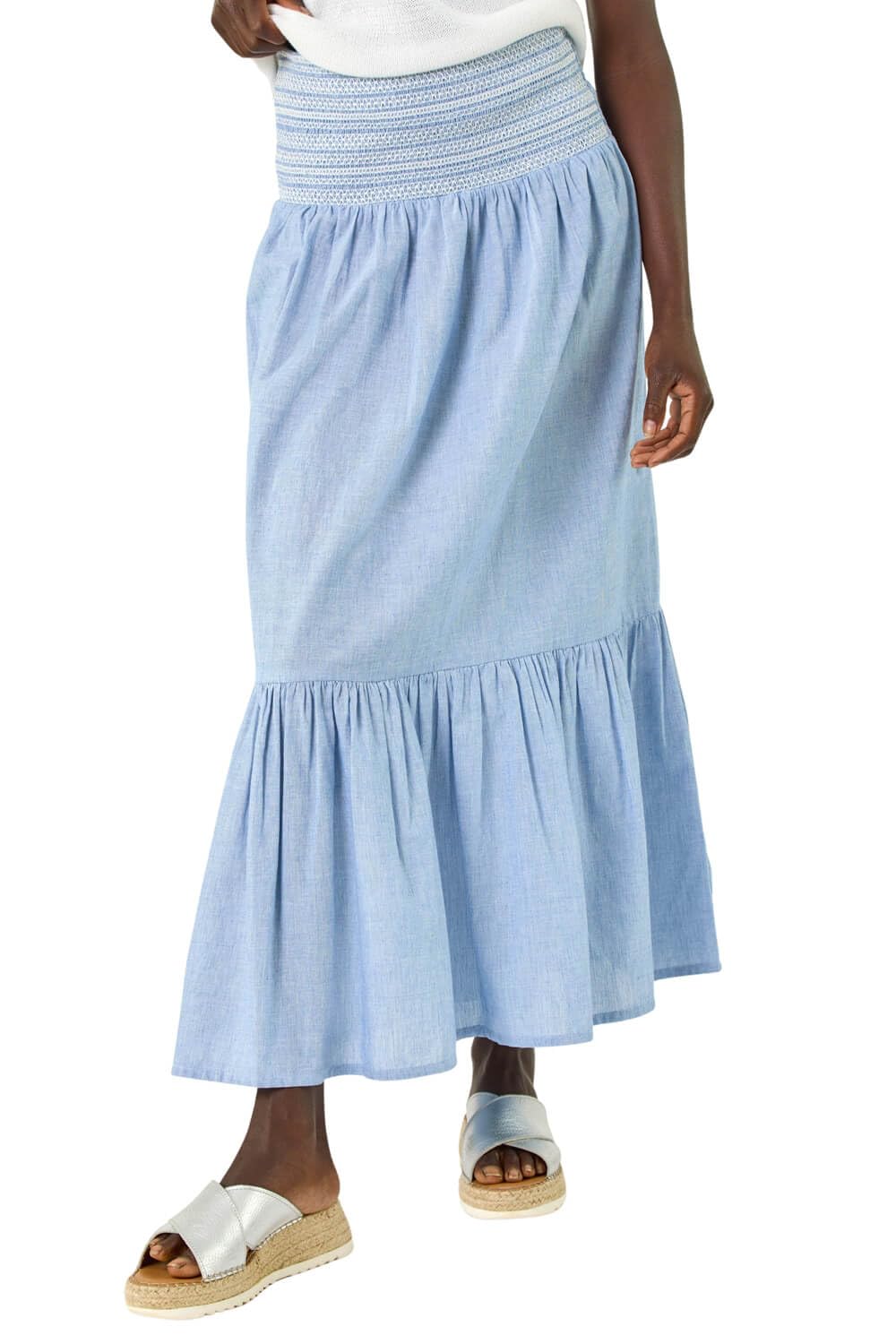 Roman Women's Blue Shirred Tiered A-Line Skirt Size 10