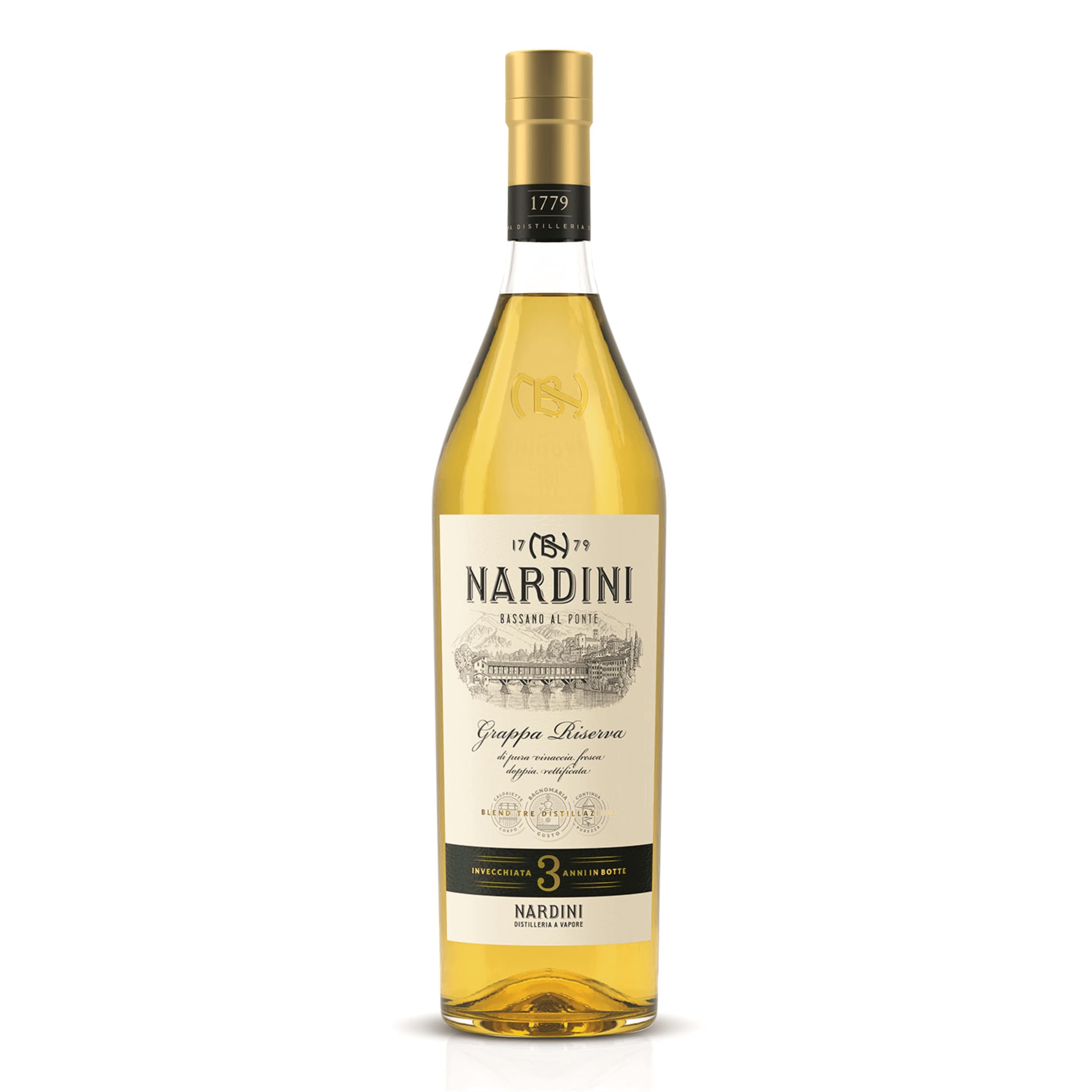 Nardini Grappa Riserva 3 Jahre - Selezione Bortolo 50% vol. - sanfter Grappa mit komplexem Profil und fruchtigen Aromen, mindestens 3 Jahre in slawonischen Eichenfässern gereift (1 x 1,0l)