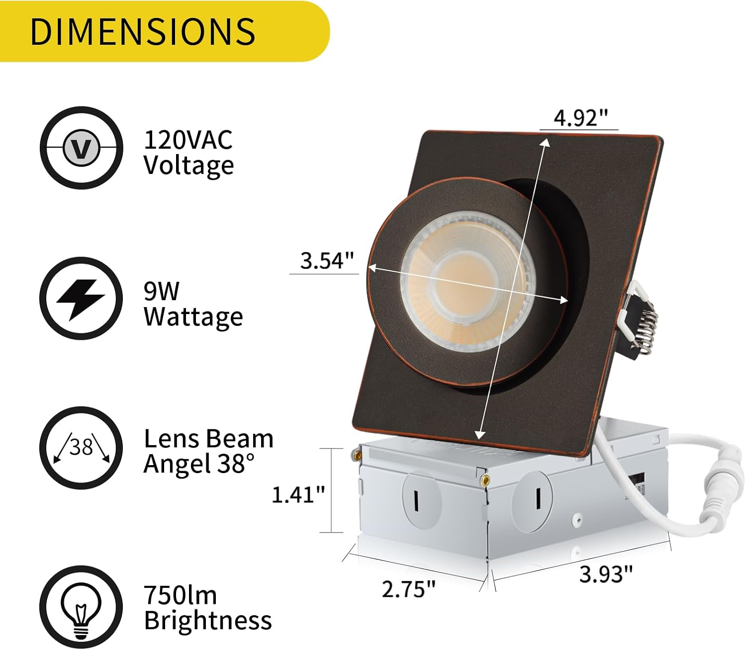 KnLnny Ware Square Gimbal Recessed Lighting 4 Inch 6 Pack, Ajustable Eyeball recessed Light with Junction Box,5 Color Selectable,Airtight,9W 750LM,Dimmable,Bronze