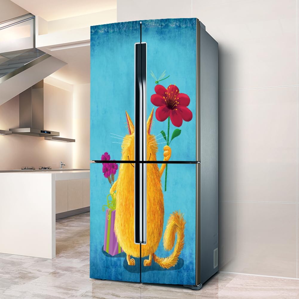 VHcgCGJ Fridge magnet, Full Covering, Freezer Skins Wall Stickers for Kitchen Decal, Funny cat Holds The Flower(L: 100x180 cm)