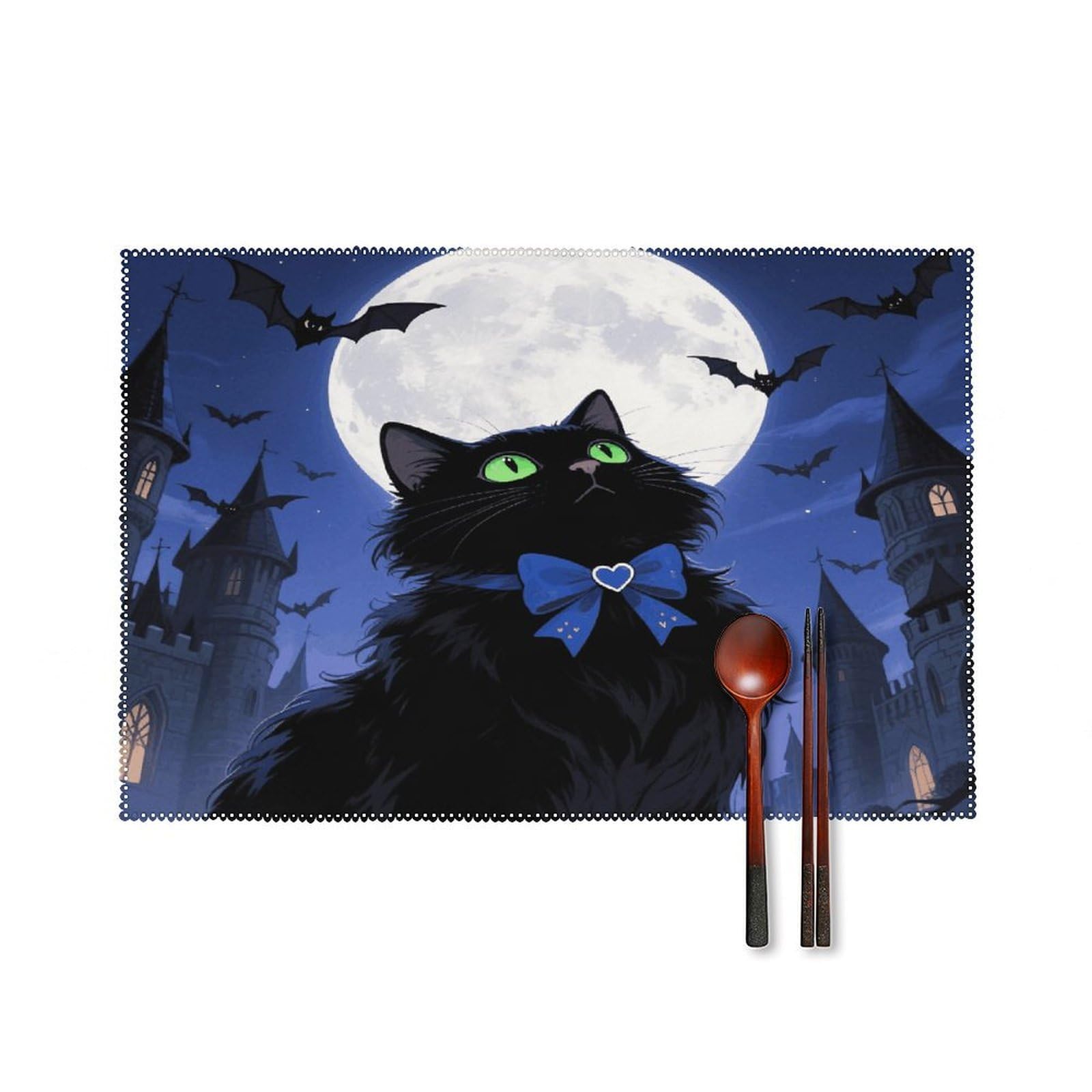 Halloween Black Cat Placemats Set of 4 Heat Resistant Non-Slip Place Mats for Dining Table Washable Placemat Wipeable Dining Table Mat Canvas Place Mats Dining Table Decor