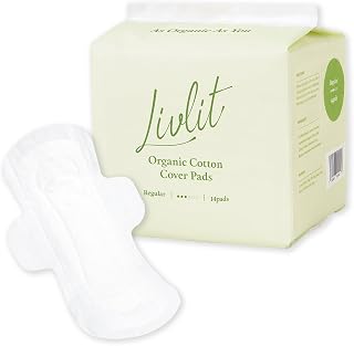 Livlit Regular Size Ultra Thin Sanitary Pads, 100% Organic Cotton from Texas, Powerful Leak Protection, Unscented, Chlorine Free and Absorbency of Feminine Periods, Pads for Women (14 Count)