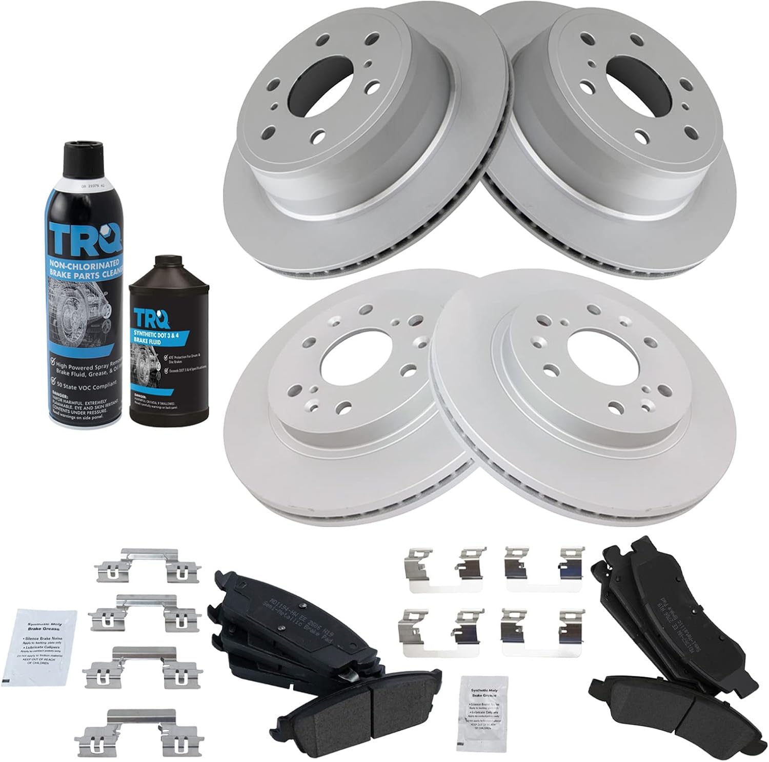 TRQ Front & Rear Metallic Brake Pad & Coated Rotor Kit w/Fluids Compatible with Chevy GMC