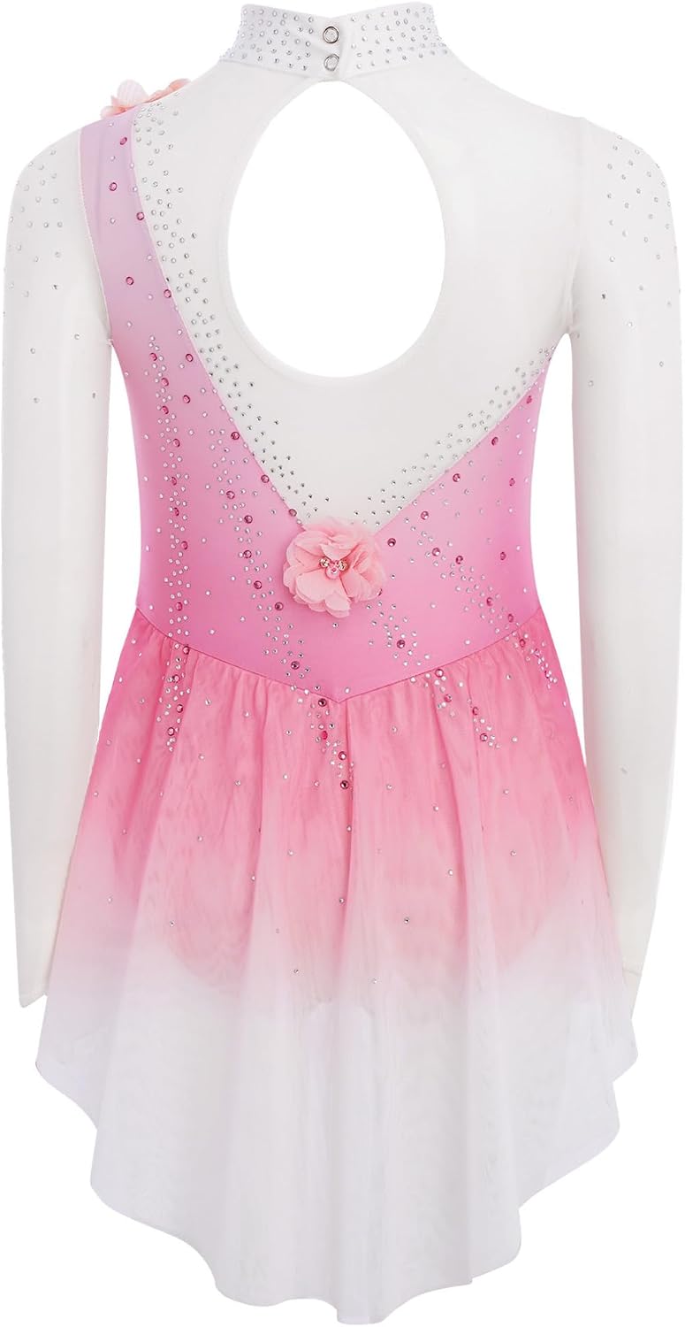 ranrann Kids Girls Long Sleeve Figure Skating Dress 3D Flower Ballet Leotard Shiny Gradient Dance Dress Dancewear