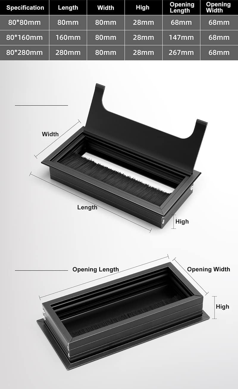 Produktbild von Jeanoko 2er Set Kabeldurchführung Mit Bürste – Rechteckige Tischkabeldose Aus Aluminium, 9x9x6 Cm, Für Schreibtisch, TV-Bank & Co.