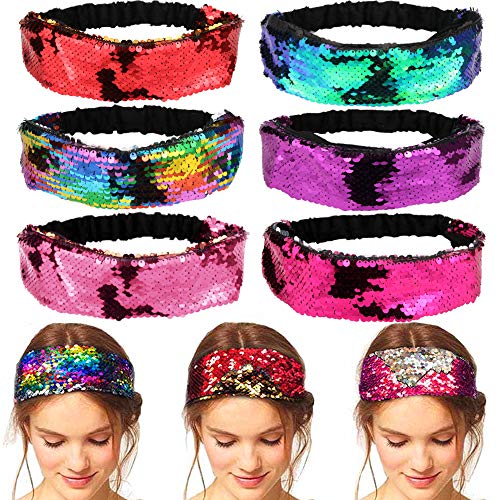 UPINS 6 Pack Sparkly Mermaid Reversible Sequin Headbands Velvet Elastic Headbands Flip Sequin Headbands for Girls and Women