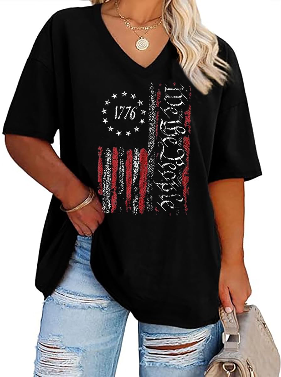 Plus Size V-Neck 4th of July T Shirt Women Distressed American Flag Graphic Tees Casual Loose Patriotic Shirts Tops