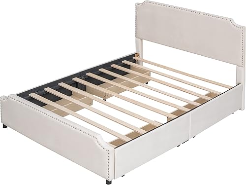 Miniatura 8 de Cama tapizada de terciopelo tamaño Queen con almacenamiento marco de cama tamaño Queen con cabecero 1 cajón grande y 2 taburetes de almacenamiento