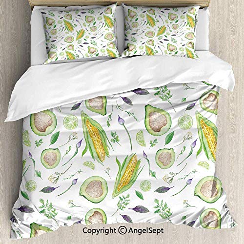 Juego de funda nórdica de 3 piezas con 2 fundas de almohada, ingredientes de ensalada fresca, aguacate, maíz, lima y hierbas en blanco, cosecha de hortalizas, multicolor, suave, transpirable, fácil de